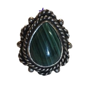 Stamped 925 Size 6 Heavy Intricate Silver and Green Teardrop Ring